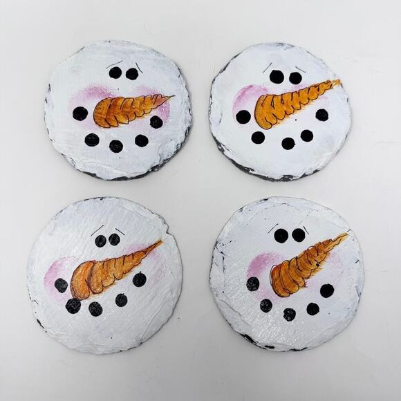 Snowman Face Hand Painted Slate Coasters Set of 4 Folk Whimsical Handcrafted - Picture 7 of 10